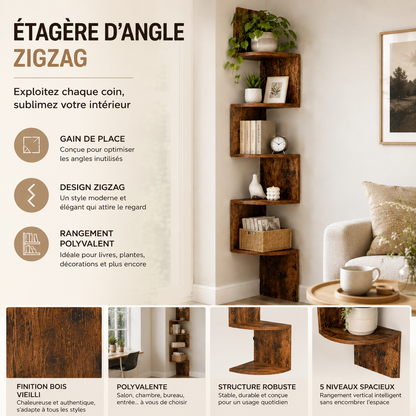 Étagère d'Angle Murale 5 Niveaux Bois – Étagère Zigzag Coin