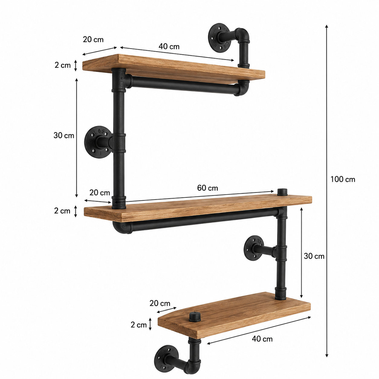 Étagère Murale Industrielle 3 Niveaux – Tuyaux Métal Noir & Bois