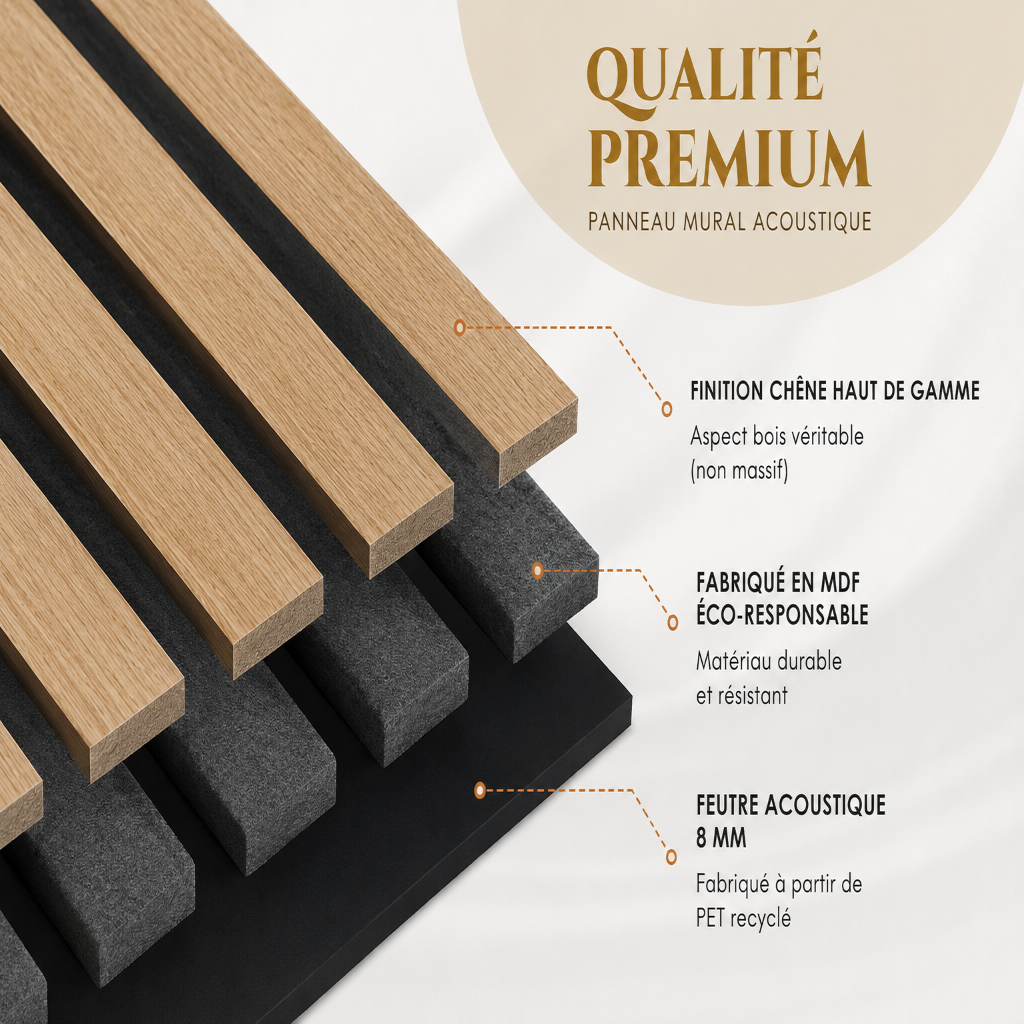 Panneaux Muraux Acoustiques Bois – Lot de 4 Lattes Déco en Chêne