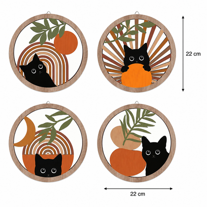 Lot de 4 Décorations Murales Rondes Bois Ajouré – Déco Bohème Chat