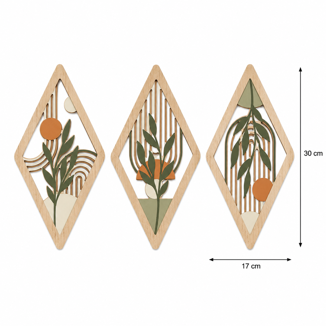 Lot de 3 Tableaux Muraux Losange en Bois – Déco Botanique Bohème