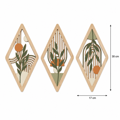 Lot de 3 Tableaux Muraux Losange en Bois – Déco Botanique Bohème