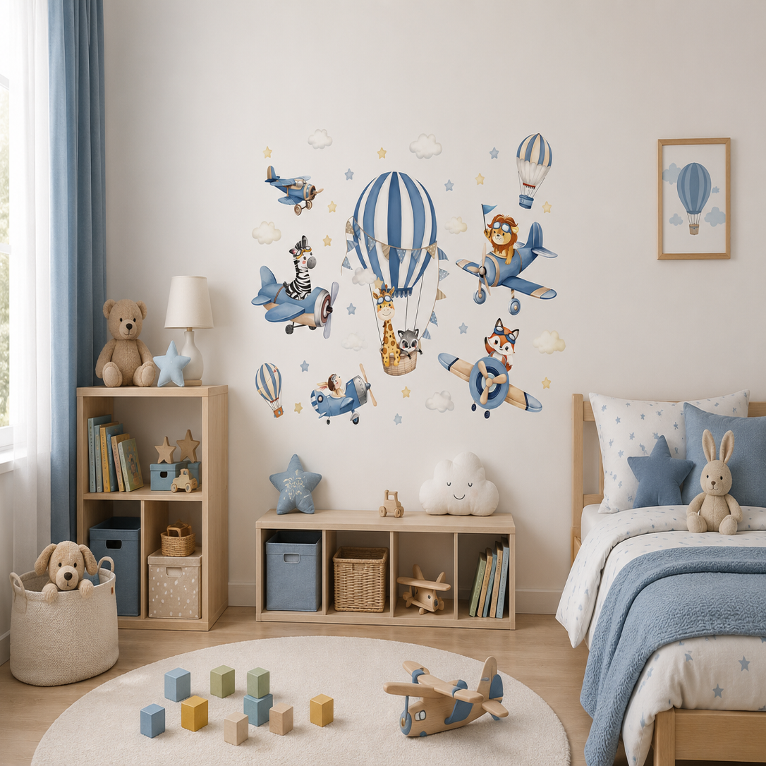 Stickers Muraux Animaux Aviateurs Avions – Déco Chambre Bébé Bleu