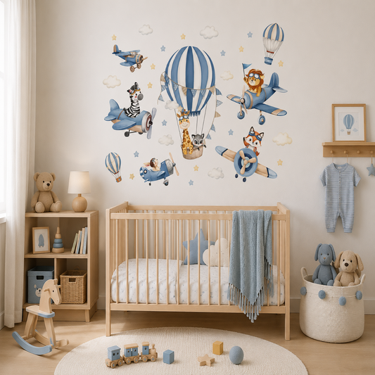 Stickers Muraux Animaux Aviateurs Avions – Déco Chambre Bébé Bleu