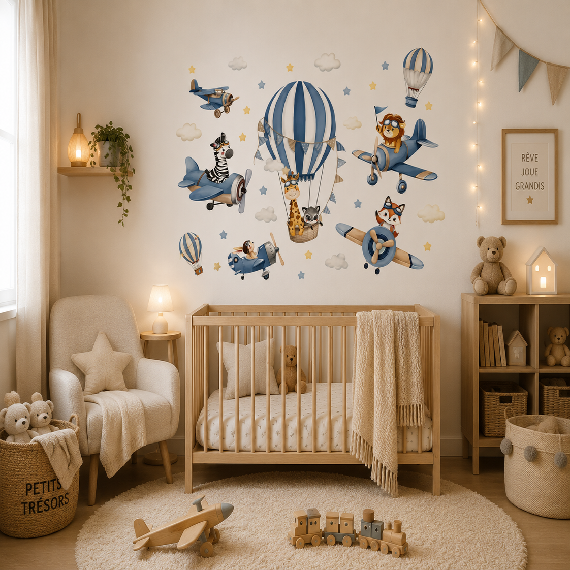 Stickers Muraux Animaux Aviateurs Avions – Déco Chambre Bébé Bleu