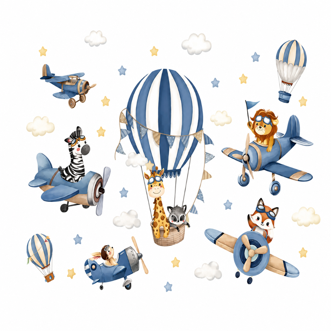 Stickers Muraux Animaux Aviateurs Avions – Déco Chambre Bébé Bleu