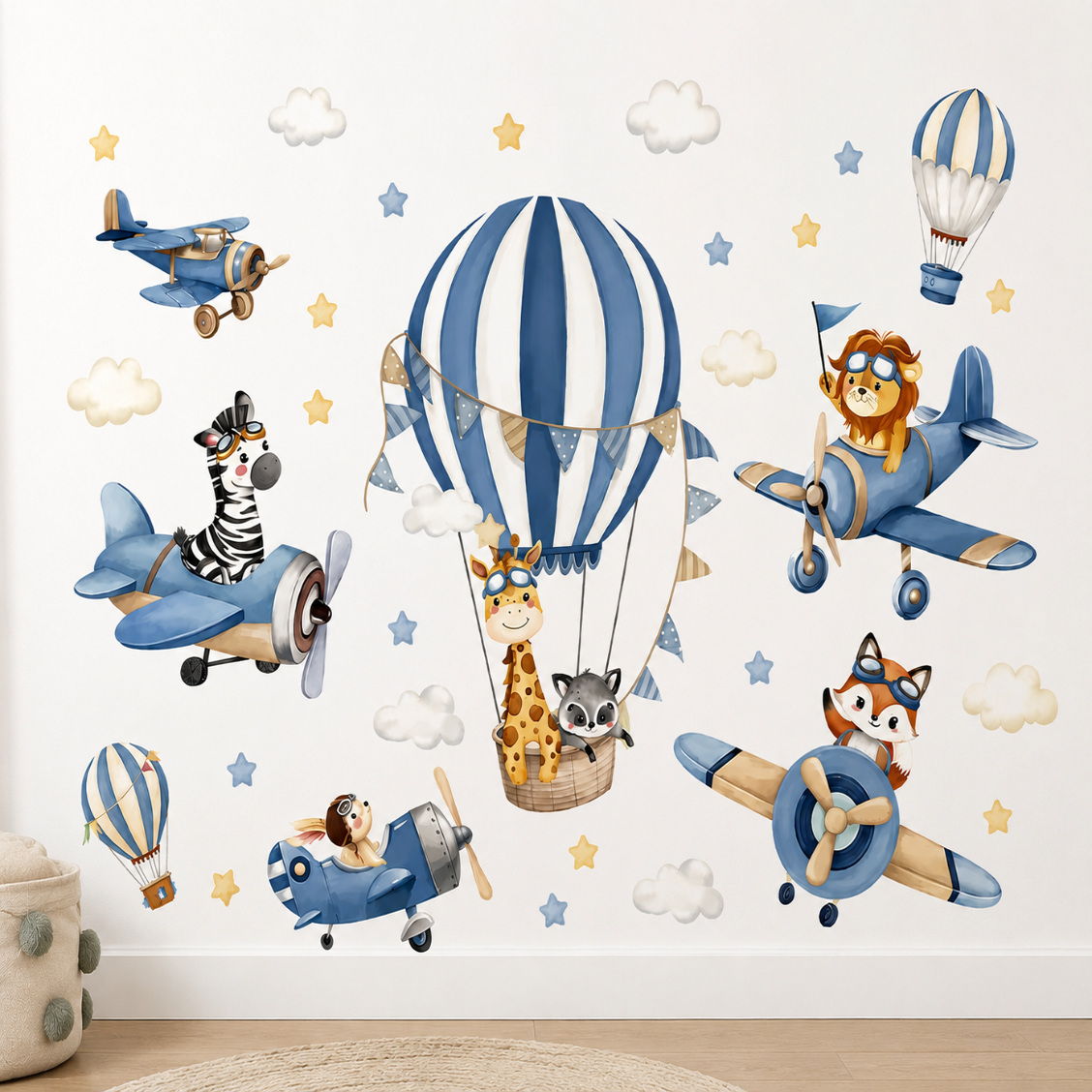 Stickers Muraux Animaux Aviateurs Avions – Déco Chambre Bébé Bleu
