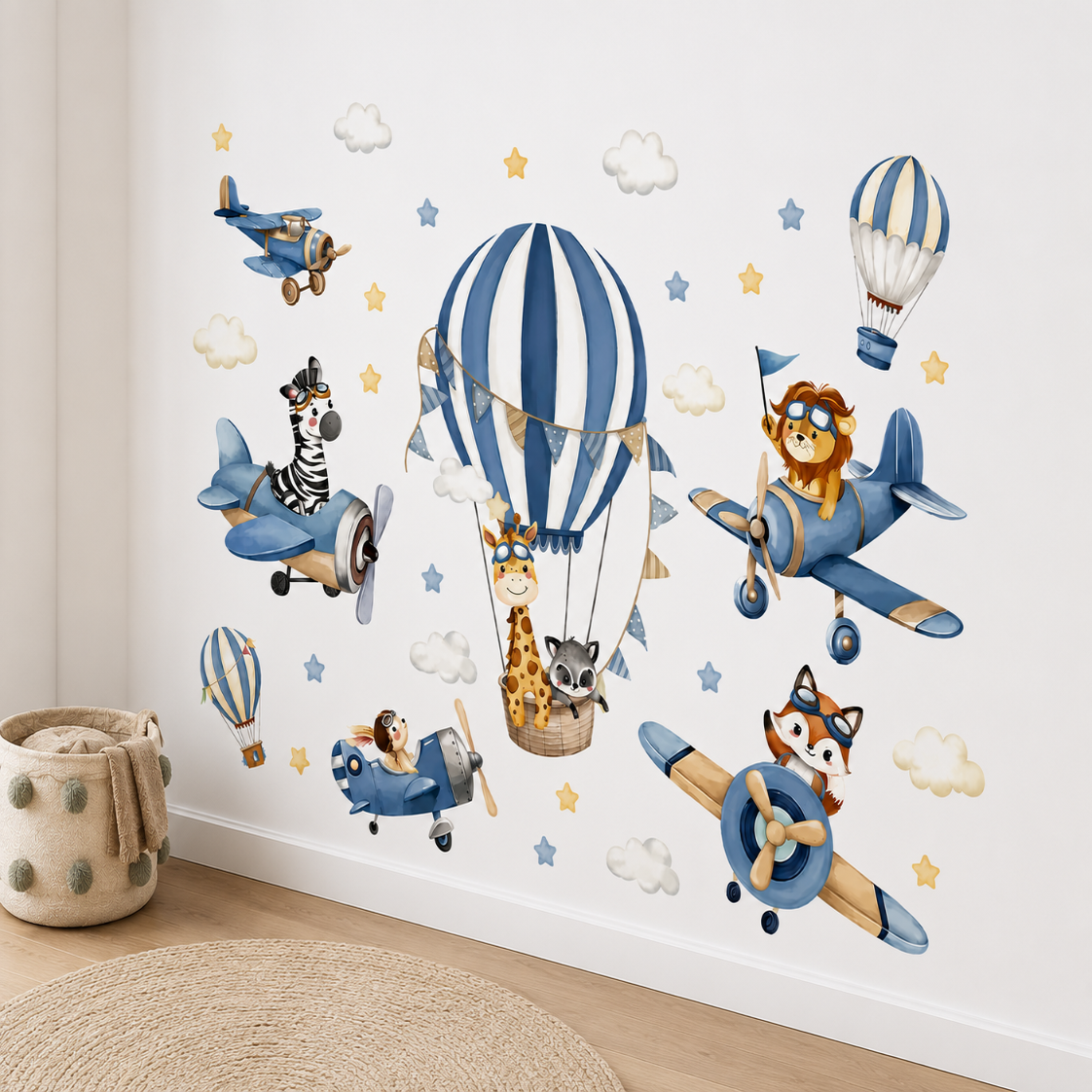 Stickers Muraux Animaux Aviateurs Avions – Déco Chambre Bébé Bleu