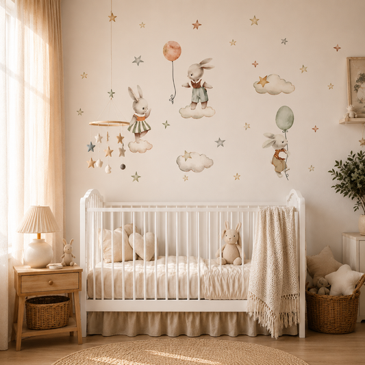 Stickers Muraux Lapins & Ballons Aquarelle – Chambre Bébé Enfant