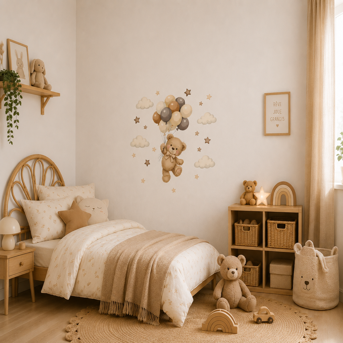 Stickers Muraux Ourson & Ballons – Déco Chambre Bébé Aquarelle