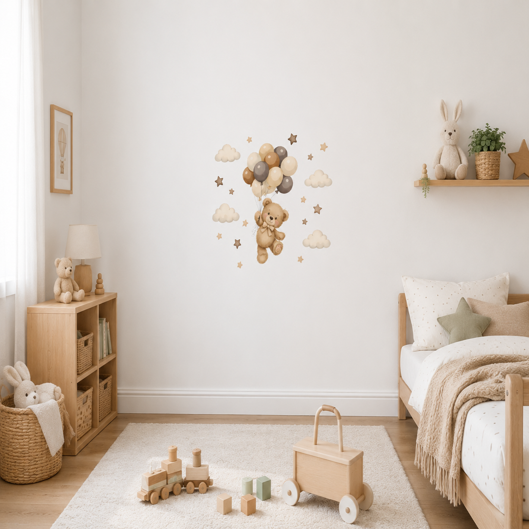 Stickers Muraux Ourson & Ballons – Déco Chambre Bébé Aquarelle