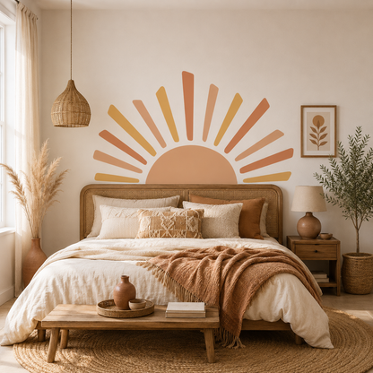Sticker Mural Soleil Bohème – Grand Soleil Rayonnant Terracotta