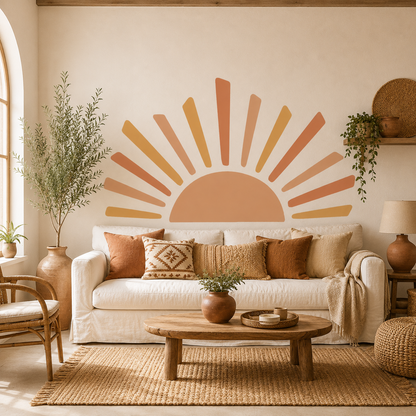Sticker Mural Soleil Bohème – Grand Soleil Rayonnant Terracotta