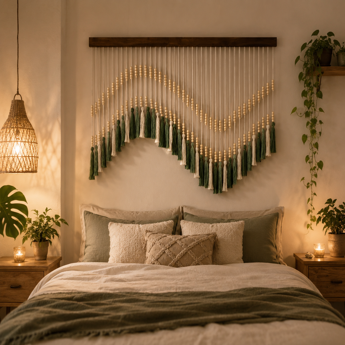 Grande Tenture Perles Bois – Déco Bohème Vagues Vert Écru