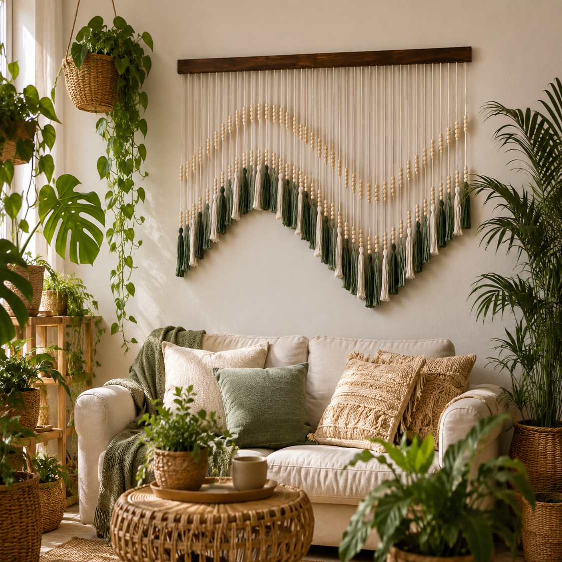Grande Tenture Perles Bois – Déco Bohème Vagues Vert Écru