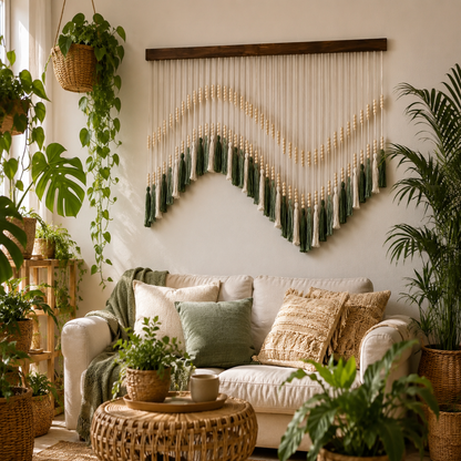 Grande Tenture Perles Bois – Déco Bohème Vagues Vert Écru