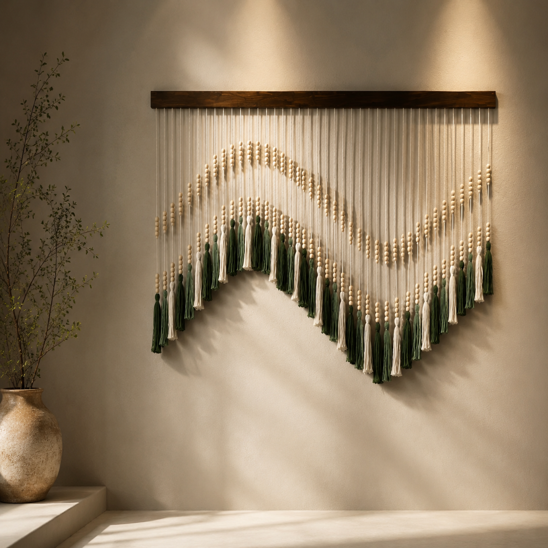 Grande Tenture Perles Bois – Déco Bohème Vagues Vert Écru