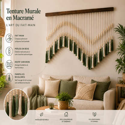 Grande Tenture Perles Bois – Déco Bohème Vagues Vert Écru