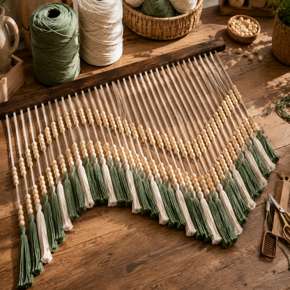 Grande Tenture Perles Bois – Déco Bohème Vagues Vert Écru