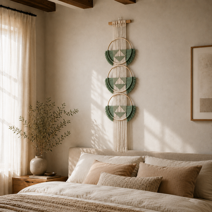 Tenture Murale Macramé 3 Cercles Bois – Décoration Bohème Écru