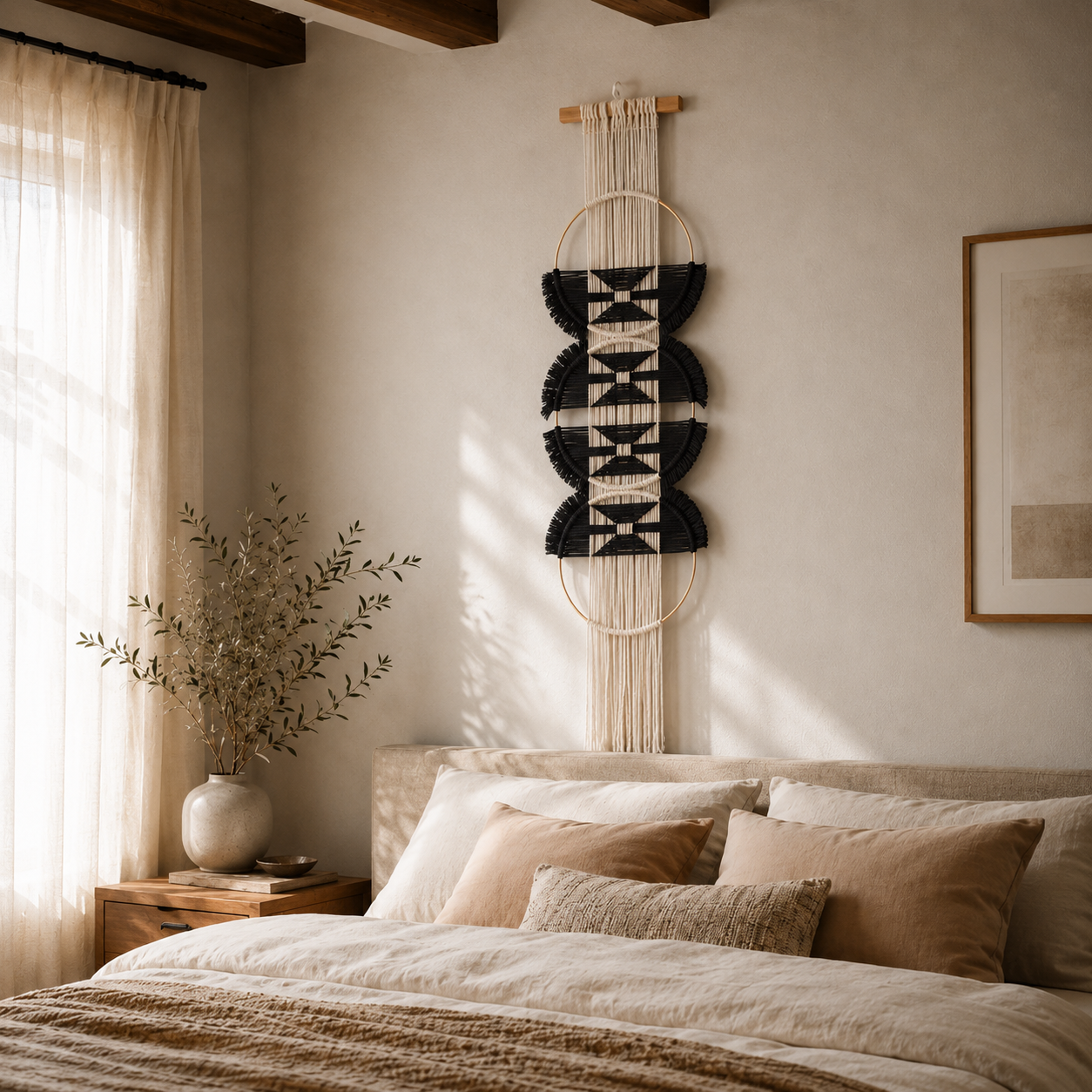 Tenture Murale Macramé 3 Cercles Bois – Décoration Bohème Écru