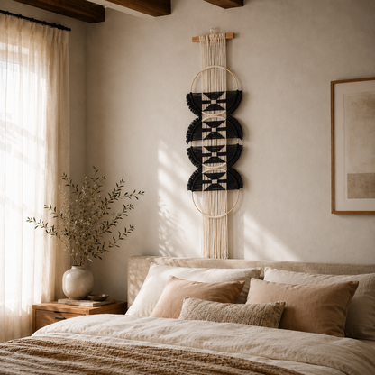 Tenture Murale Macramé 3 Cercles Bois – Décoration Bohème Écru