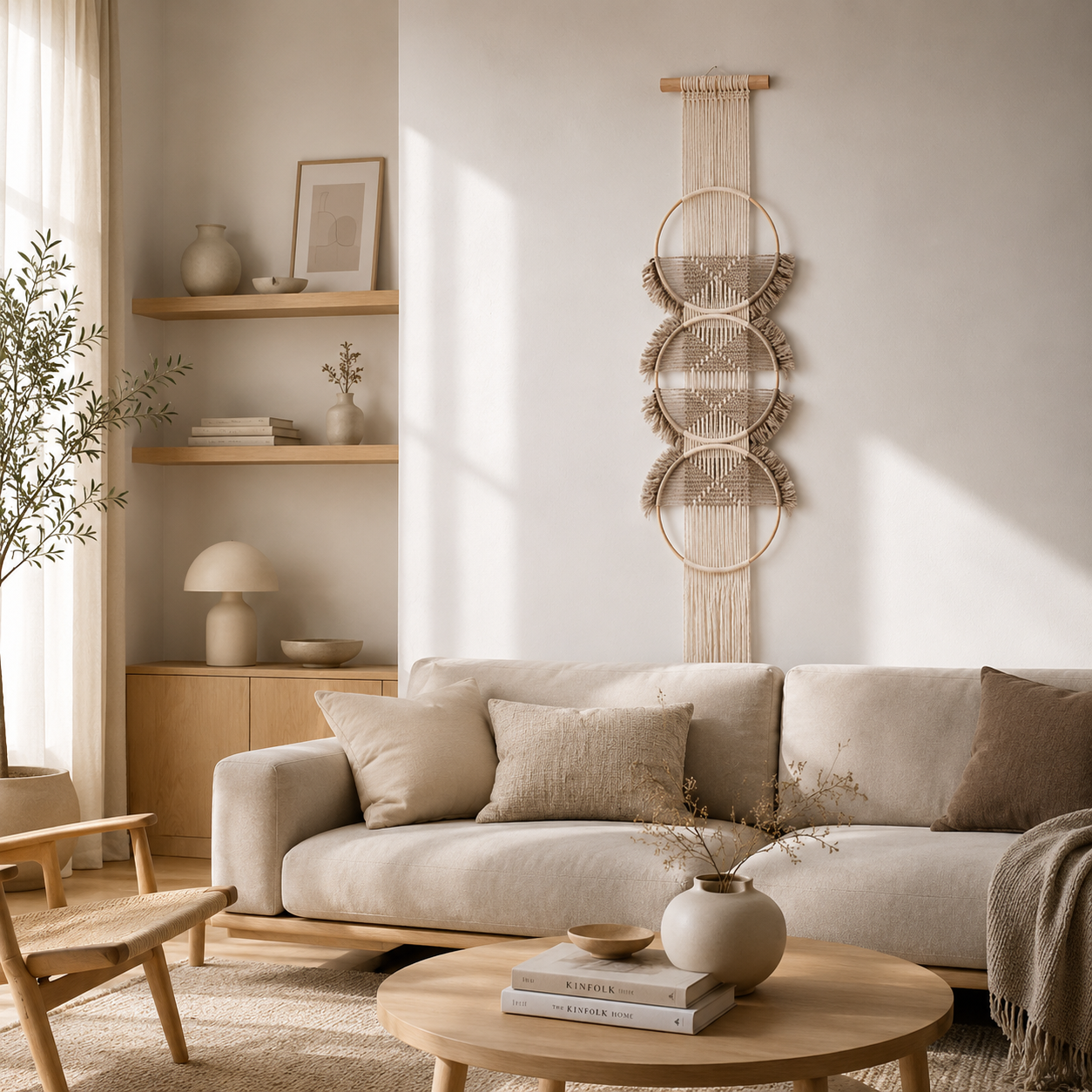 Tenture Murale Macramé 3 Cercles Bois – Décoration Bohème Écru