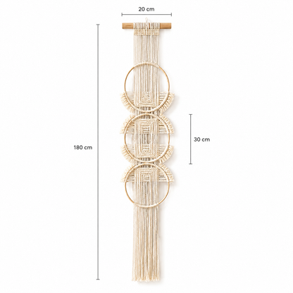 Tenture Murale Macramé 3 Cercles Bois – Décoration Bohème Écru