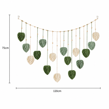 Tenture Murale Macramé Feuilles Vertes – Guirlande Bohème Nature