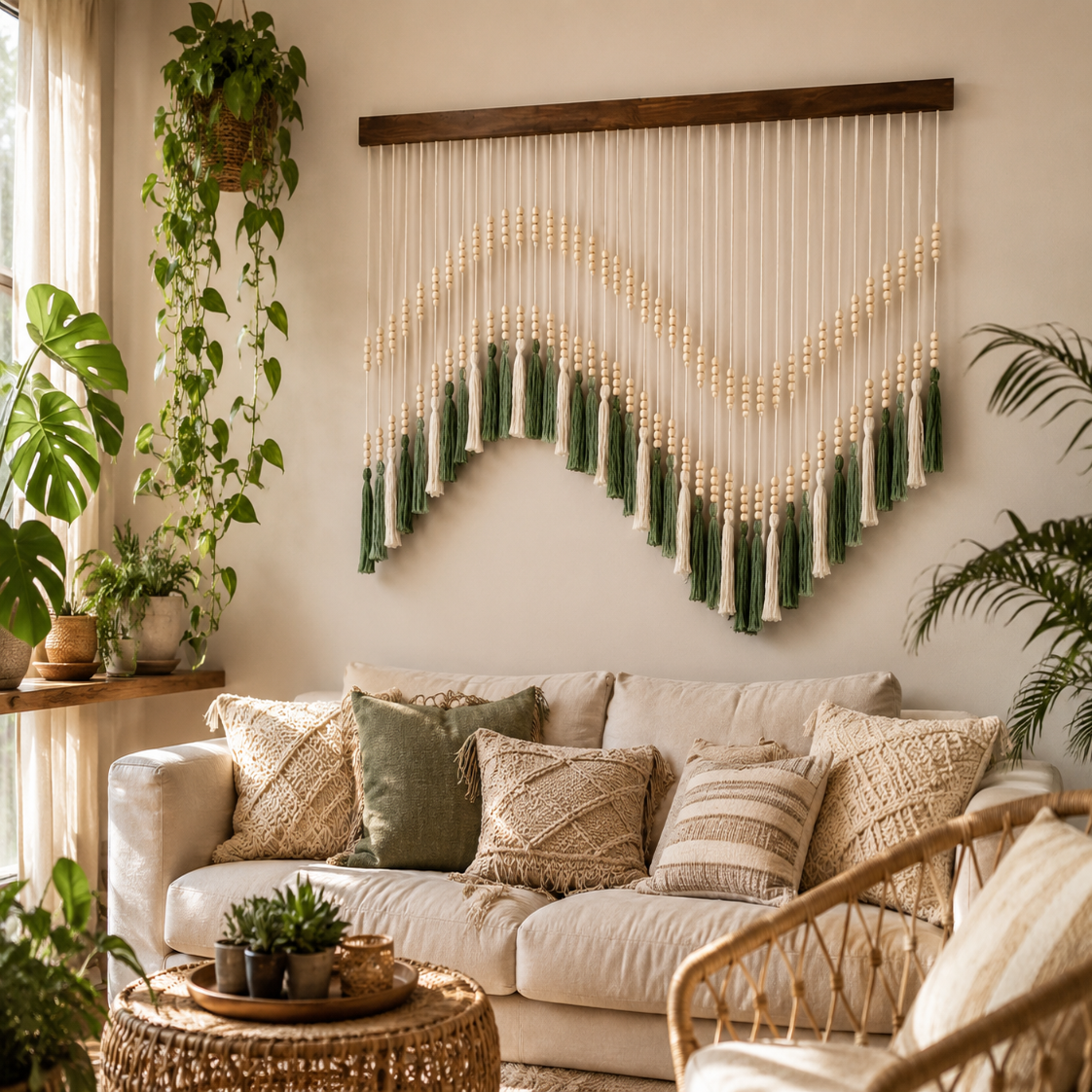Grande Tenture Perles Bois – Déco Bohème Vagues Vert Écru