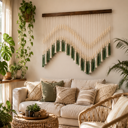 Grande Tenture Perles Bois – Déco Bohème Vagues Vert Écru